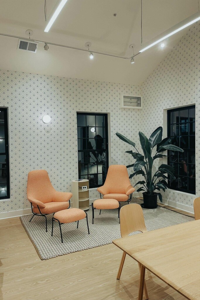 Minimal style living room decorated with Anchor peel and stick wallpaper and mid-century style chairs