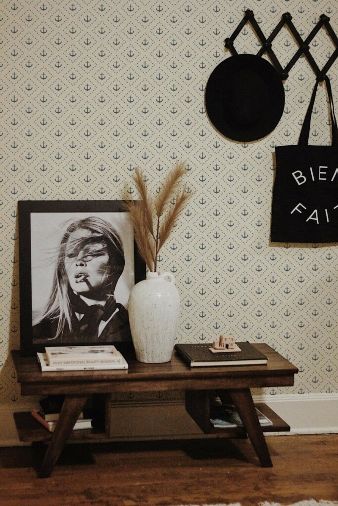 Rustic farmhouse style entryway decorated with Anchor peel and stick wallpaper