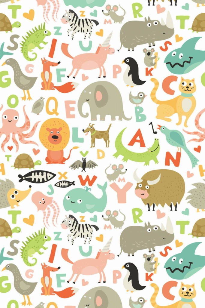 Pattern repeat of Animal alphabet removable wallpaper design