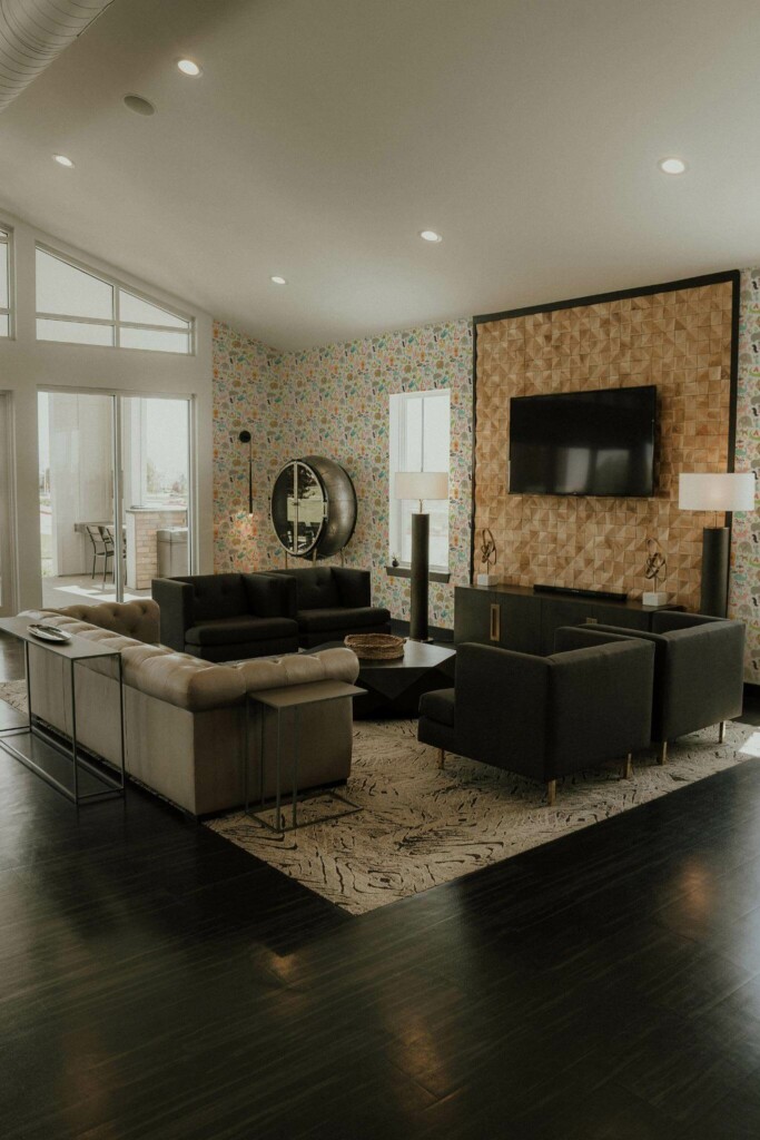 Hollywood glam style living room decorated with Animal alphabet peel and stick wallpaper