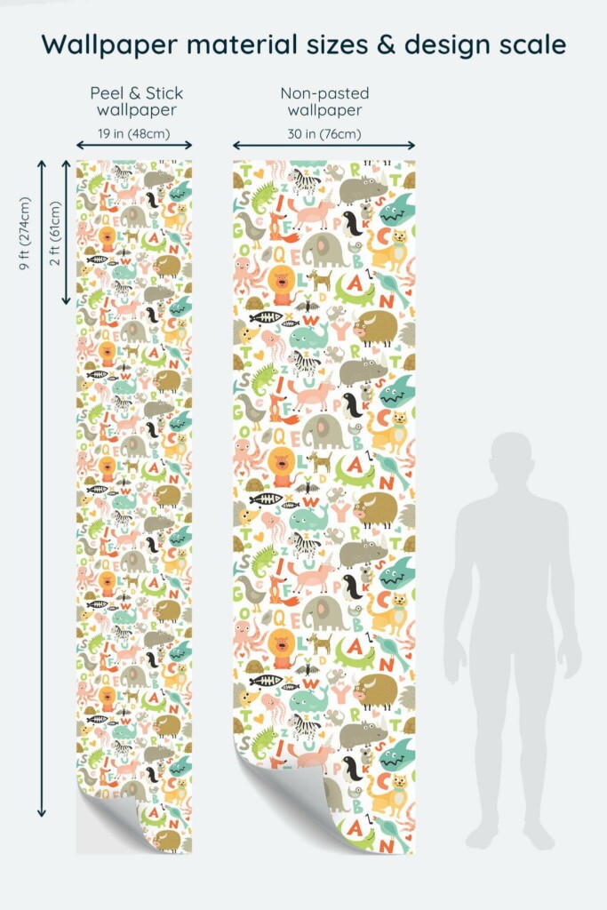 Size comparison of Animal alphabet Peel & Stick and Non-pasted wallpapers with design scale relative to human figure