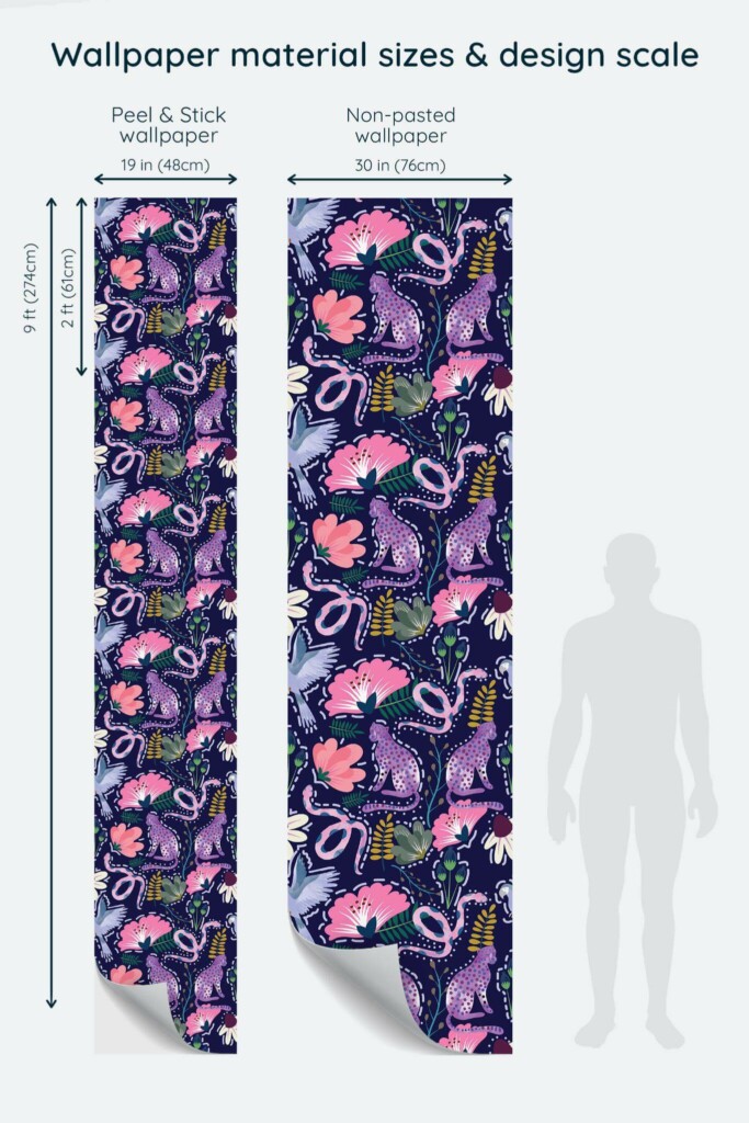 Size comparison of Animal colorful Peel & Stick and Non-pasted wallpapers with design scale relative to human figure