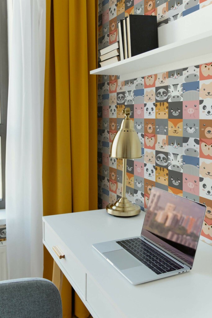 Scandinavian style home office decorated with Animal pattern peel and stick wallpaper