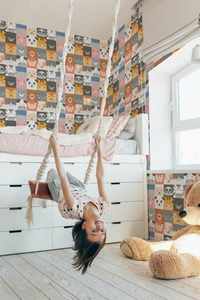 Minimal scandinavian style kids room decorated with Animal pattern peel and stick wallpaper