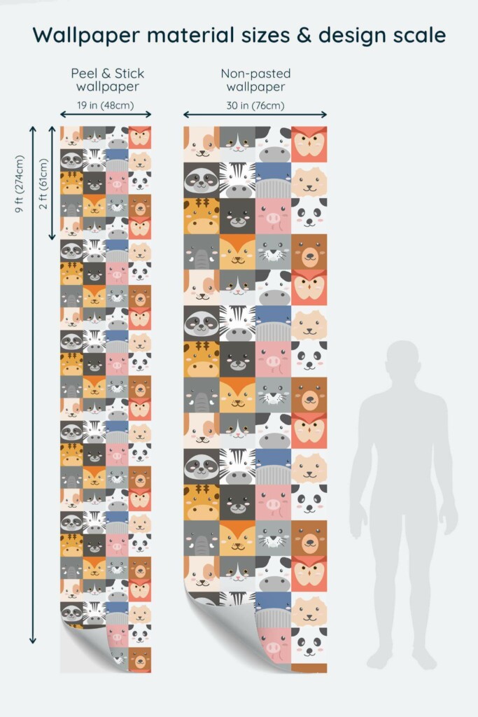 Size comparison of Animal pattern Peel & Stick and Non-pasted wallpapers with design scale relative to human figure