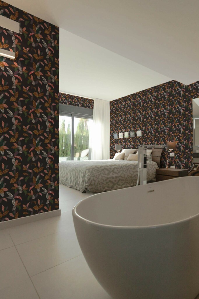 Modern style bedroom with open bathroom decorated with Animal print leaf peel and stick wallpaper