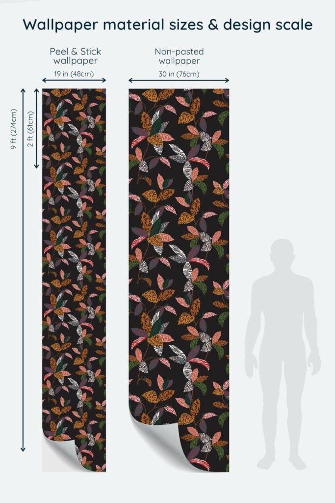 Size comparison of Animal print leaf Peel & Stick and Non-pasted wallpapers with design scale relative to human figure