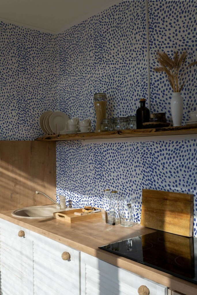 Minimal bohemian style kitchen decorated with Animal print peel and stick wallpaper