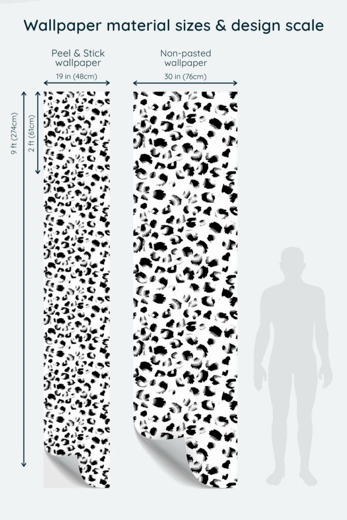 Size comparison of Animal print Peel & Stick and Non-pasted wallpapers with design scale relative to human figure