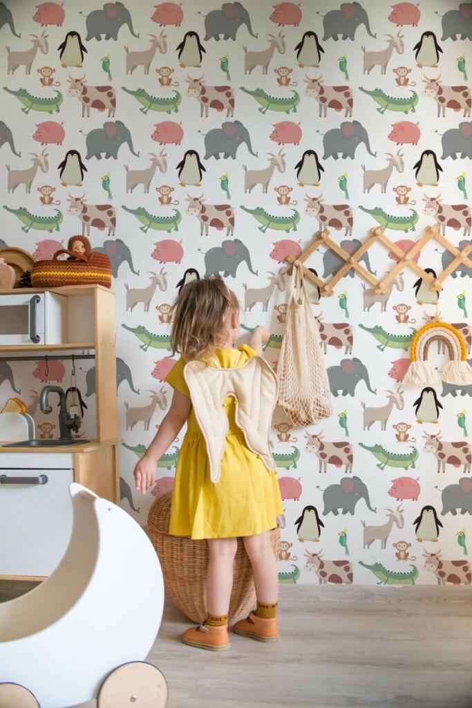 Bohemian style kids room decorated with Animal peel and stick wallpaper