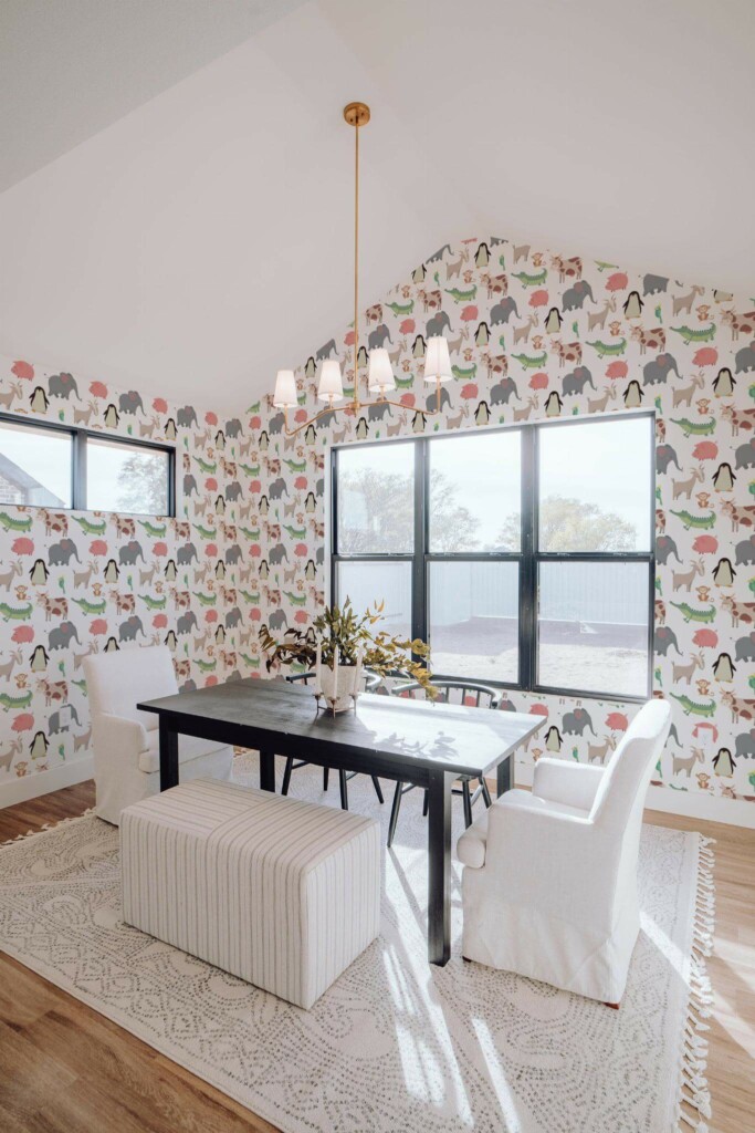 Elegant minimal style dining room decorated with Animal peel and stick wallpaper