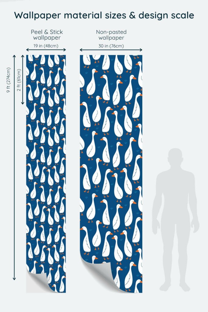 Size comparison of Animated duck Peel & Stick and Non-pasted wallpapers with design scale relative to human figure