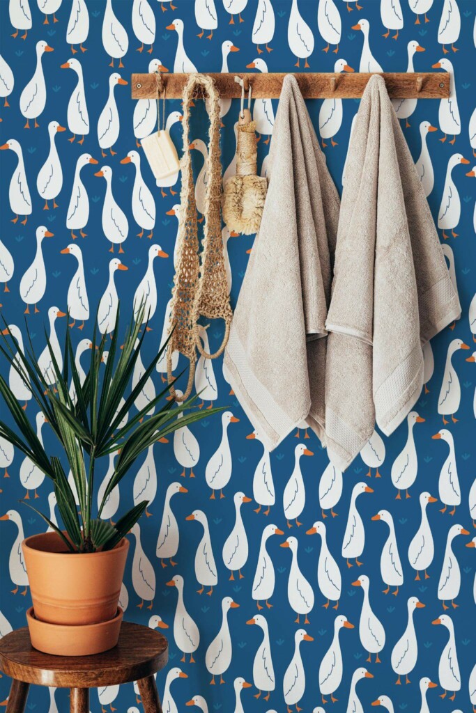 Boho style bathroom decorated with Animated ducks peel and stick wallpaper