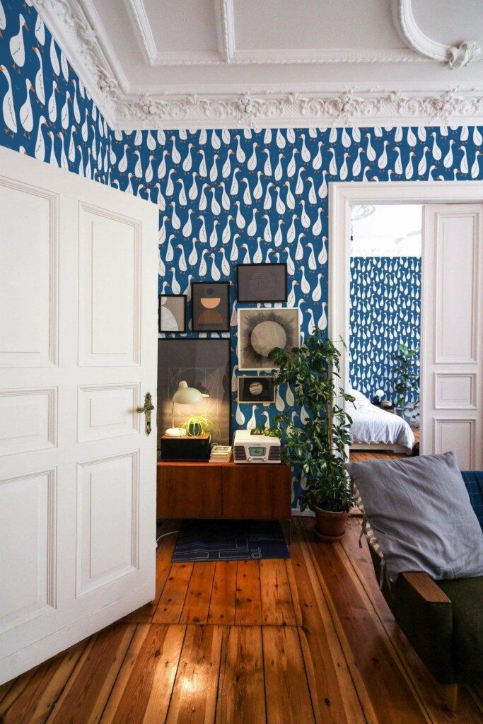 Mid-century modern luxury style living room and bedroom decorated with Animated ducks peel and stick wallpaper