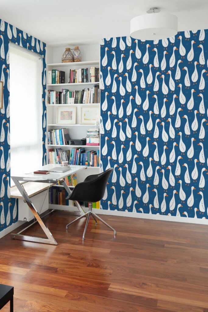 Minimal style home office decorated with Animated ducks peel and stick wallpaper
