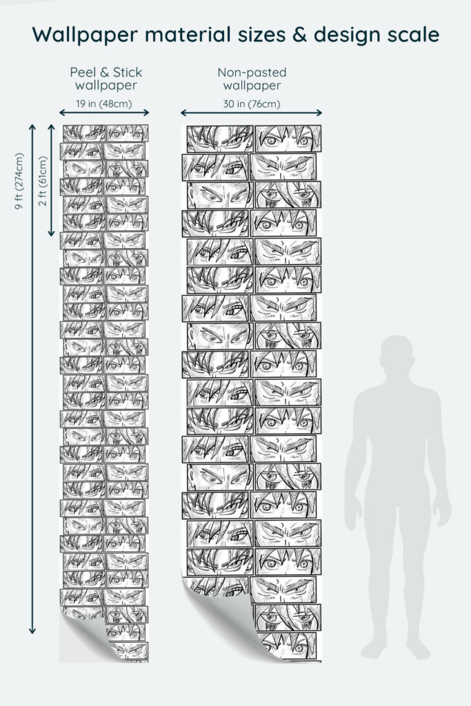 Size comparison of Anime abstract Peel & Stick and Non-pasted wallpapers with design scale relative to human figure