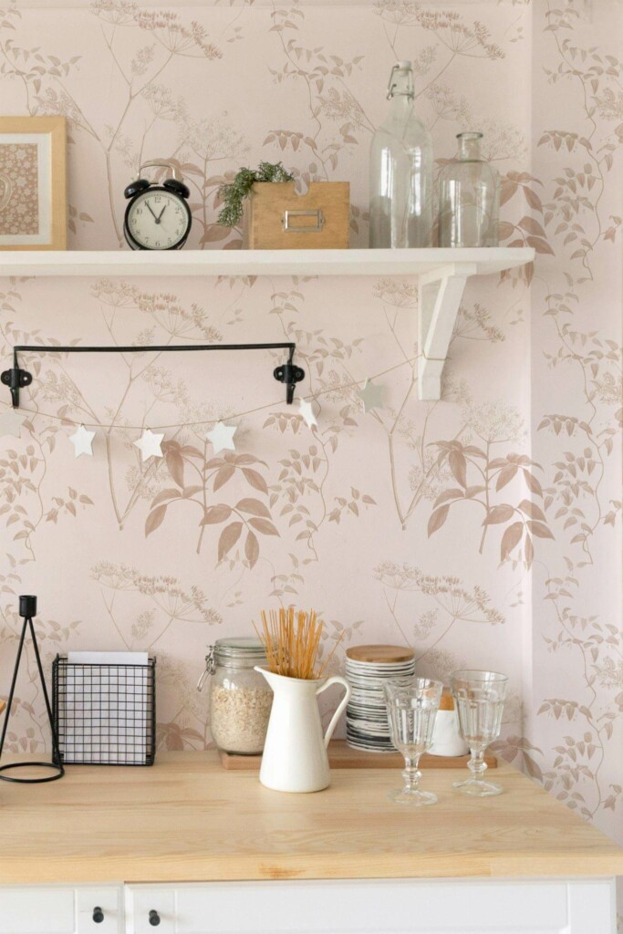 Light farmhouse style kitchen decorated with Anthriscus peel and stick wallpaper