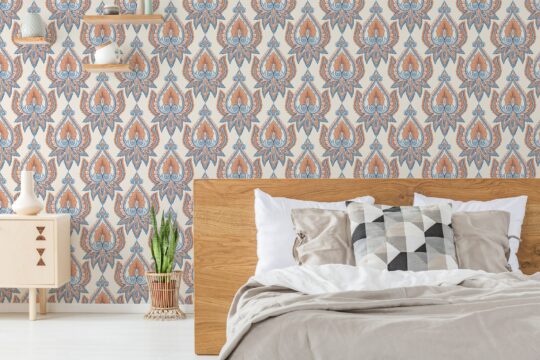 ethnic floral orange and blue traditional wallpaper