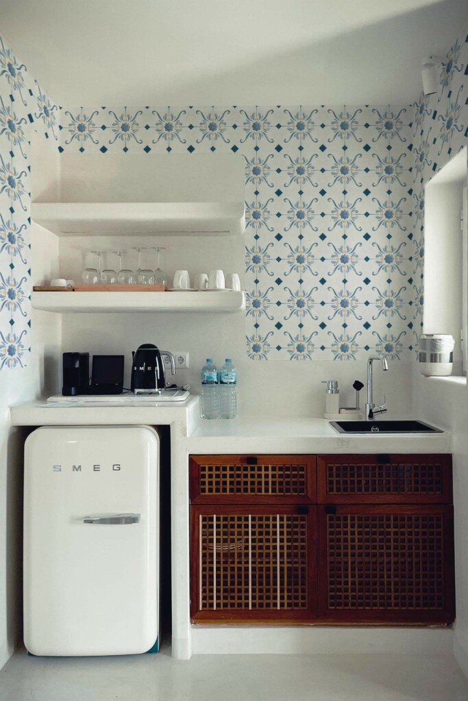 Rustic minimal style kitchen decorated with Antique Tile peel and stick wallpaper