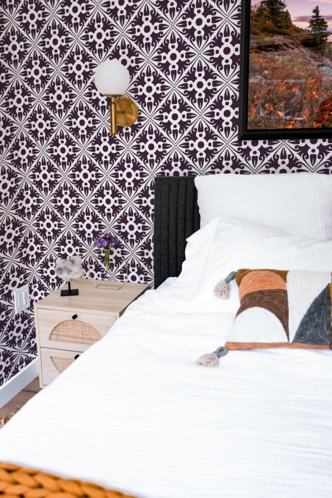 Modern style bedroom decorated with Arabesque peel and stick wallpaper
