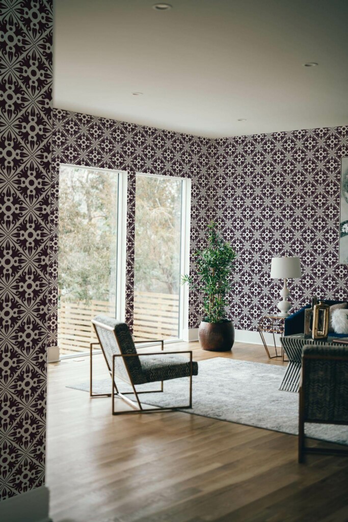 Modern style living room decorated with Arabesque peel and stick wallpaper