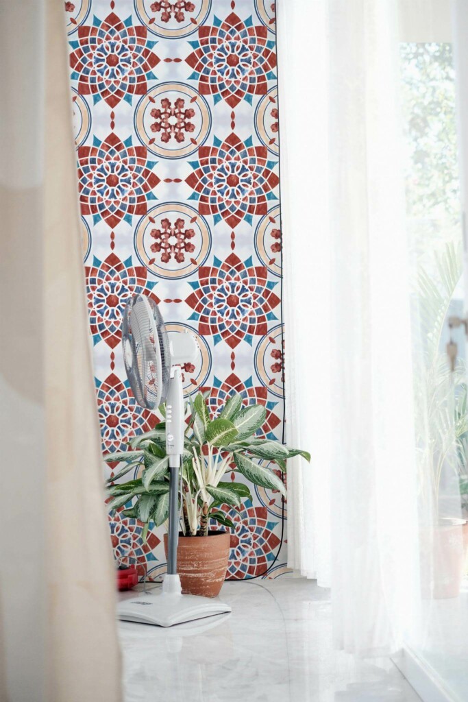 Minimal style living room decorated with Arabesque tile peel and stick wallpaper