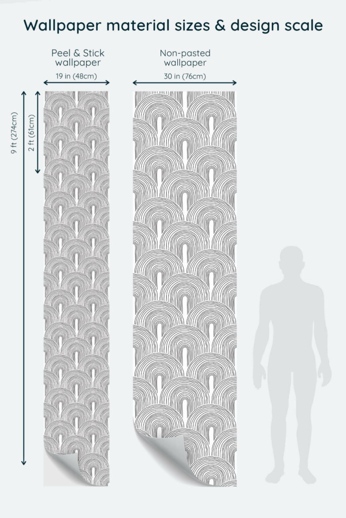 Size comparison of Arch Peel & Stick and Non-pasted wallpapers with design scale relative to human figure