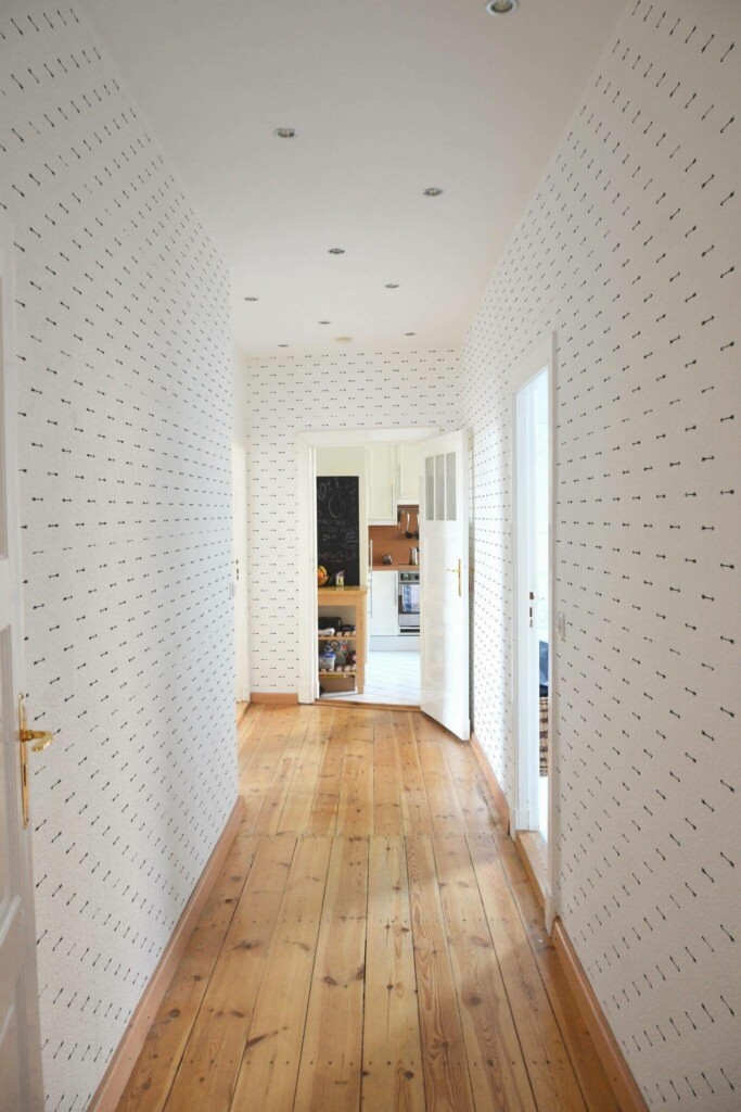 Minimal farmhouse style hallway decorated with Arrow peel and stick wallpaper