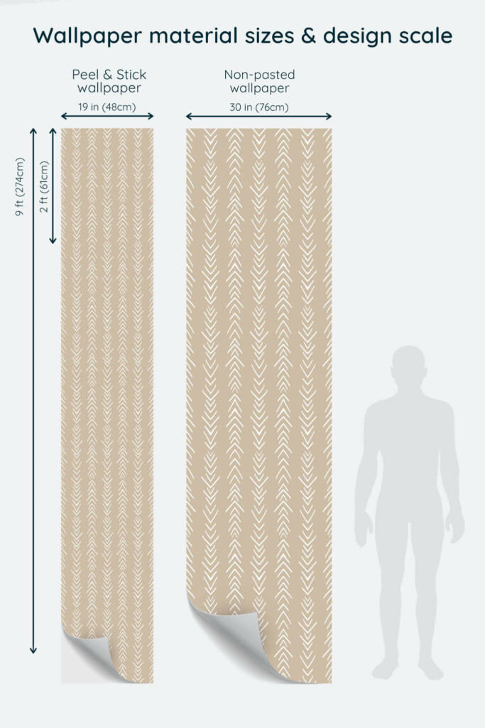Size comparison of Arrow Peel & Stick and Non-pasted wallpapers with design scale relative to human figure