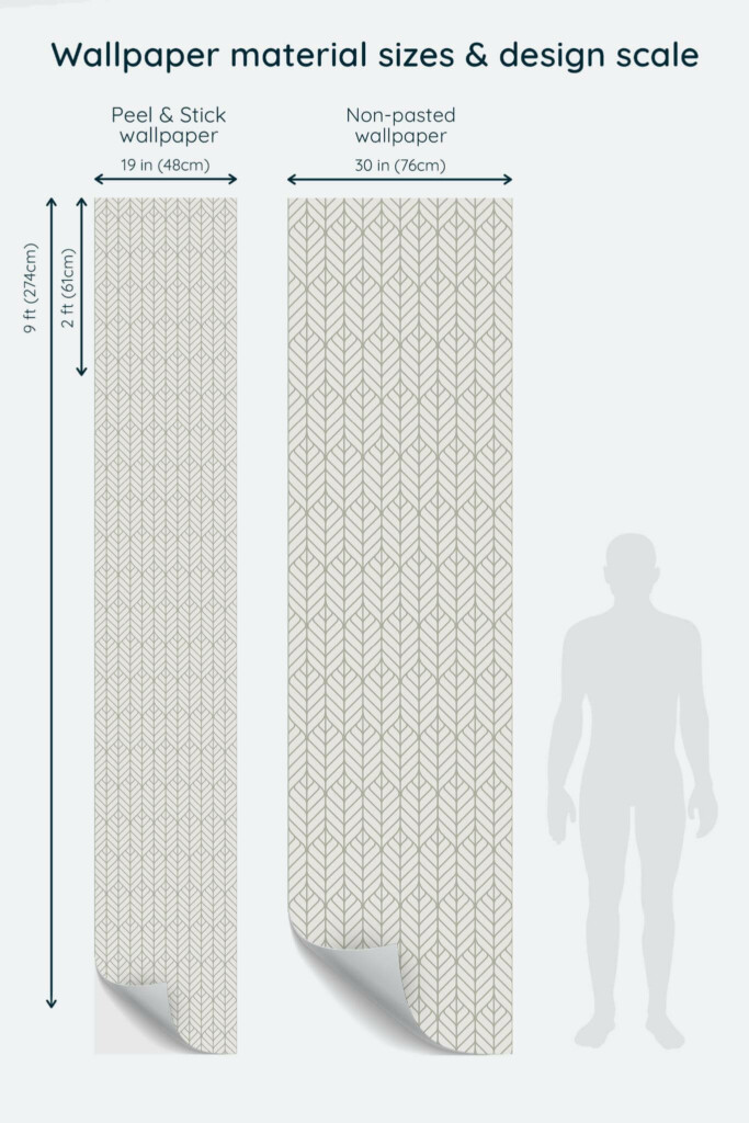Size comparison of Art deco abstract leaf Peel & Stick and Non-pasted wallpapers with design scale relative to human figure