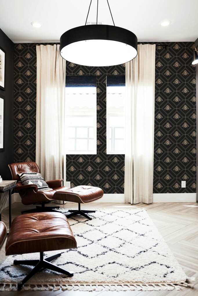 Fancy Walls unpasted wallpaper featuring black bees on a dark background.