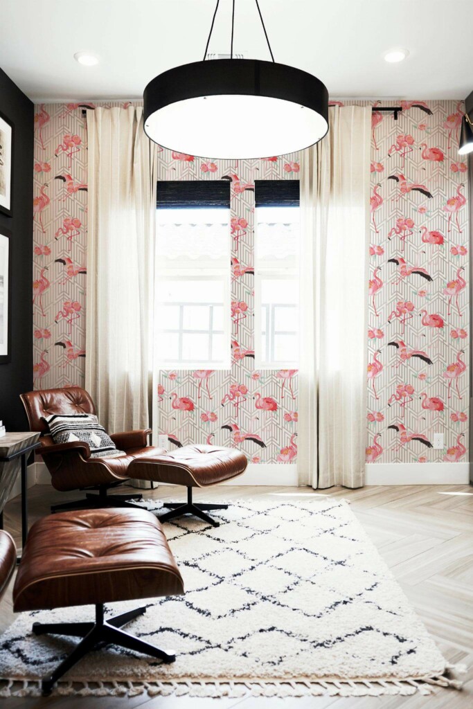 MId-century modern style living room decorated with Art deco bird peel and stick wallpaper