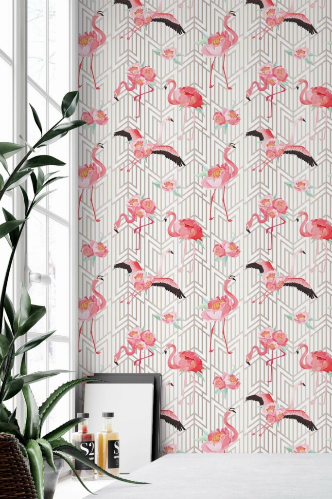 Minimal style home office decorated with Art deco bird peel and stick wallpaper