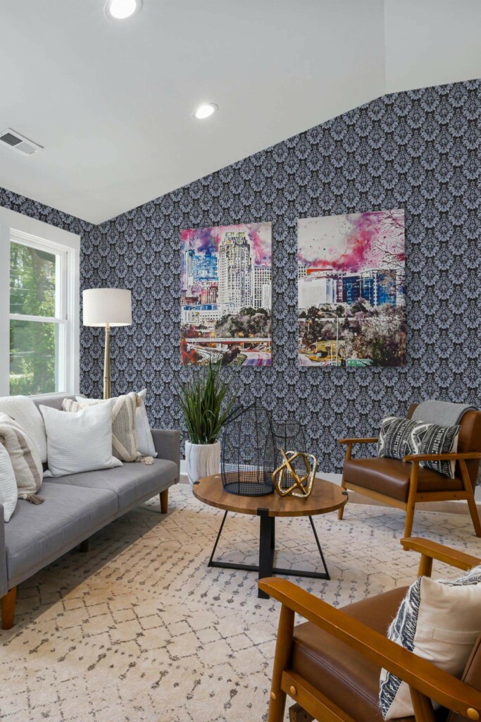 Mid-century modern style living room decorated with Art deco damask peel and stick wallpaper and colorful funky artwork