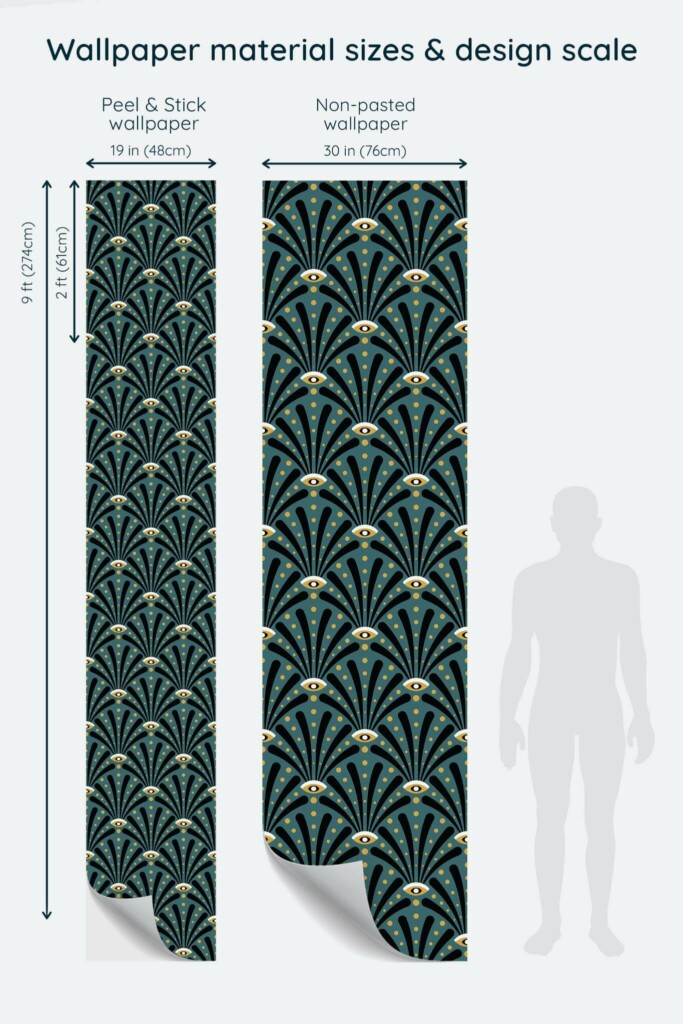 Size comparison of Art deco eyes Peel & Stick and Non-pasted wallpapers with design scale relative to human figure
