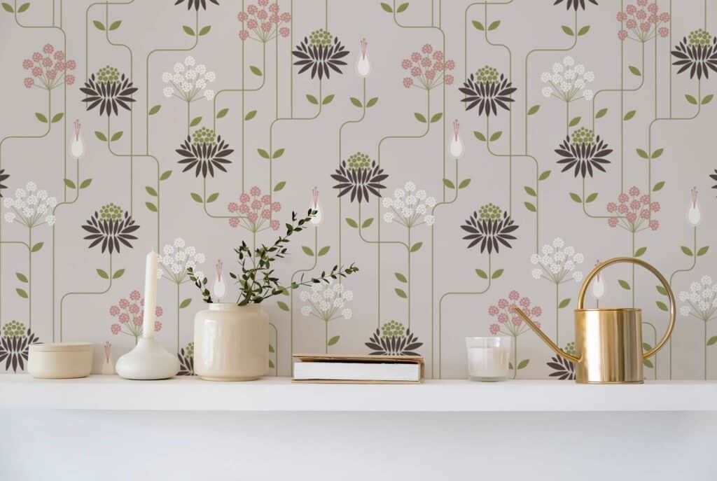 Beige Art deco floral sticky wallpaper