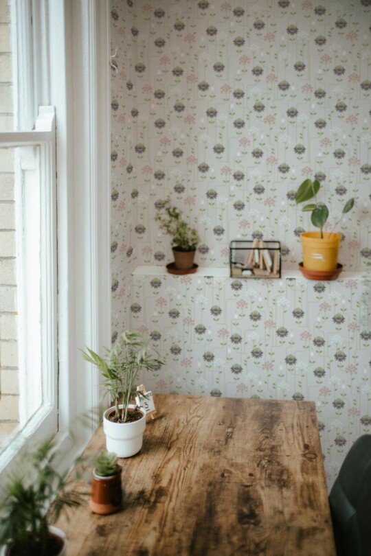 Farmhouse style home office decorated with Art deco floral peel and stick wallpaper