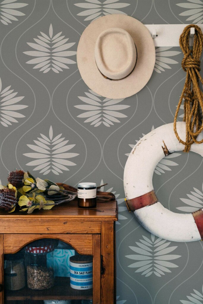 Coastal nautical style living room decorated with Art deco flower peel and stick wallpaper