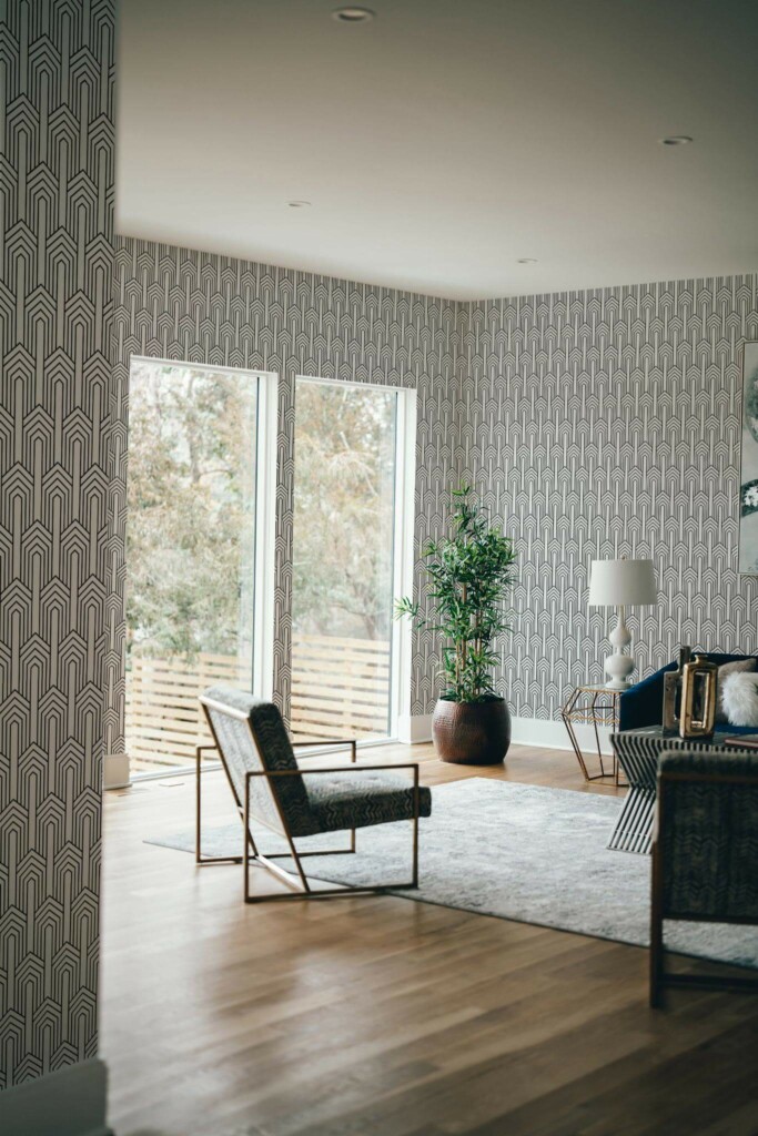 Modern style living room decorated with Art deco geometric arch peel and stick wallpaper