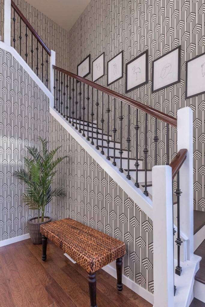 Rustic style entryway decorated with Art deco geometric arch peel and stick wallpaper