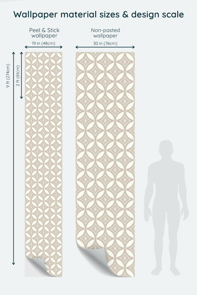 Size comparison of Art deco geometric circle pattern Peel & Stick and Non-pasted wallpapers with design scale relative to human figure