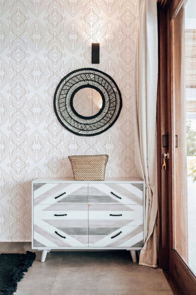 Modern farmhouse style living room decorated with Art deco geometric peel and stick wallpaper