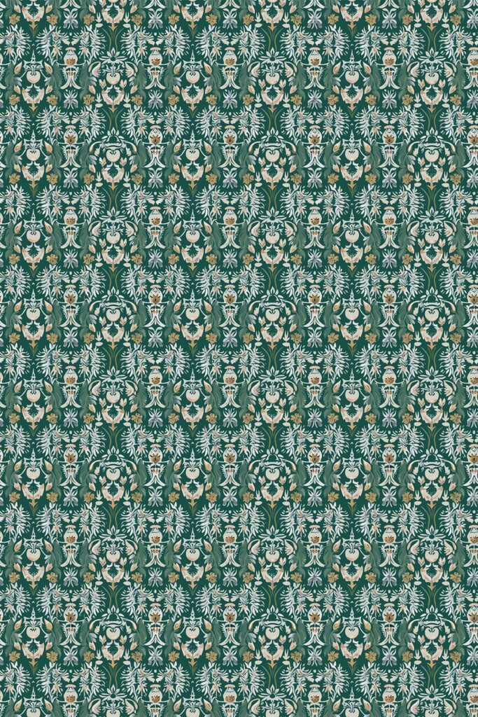 Self-adhesive wallpaper featuring art deco green damask by Fancy Walls
