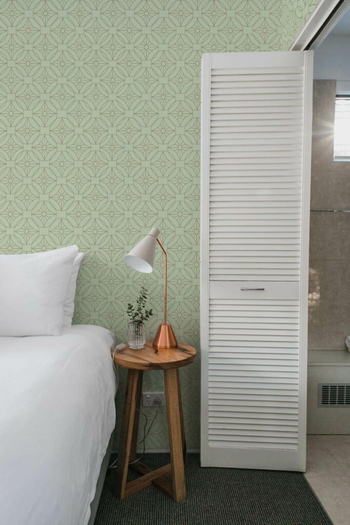 Minimalist style bedroom decorated with Art deco green peel and stick wallpaper