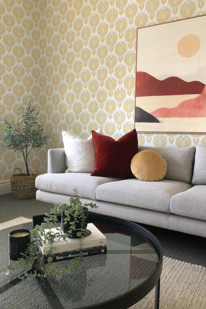 Boho style living room decorated with Art deco heart peel and stick wallpaper