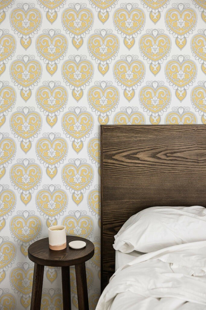 Farmhouse style bedroom decorated with Art deco heart peel and stick wallpaper