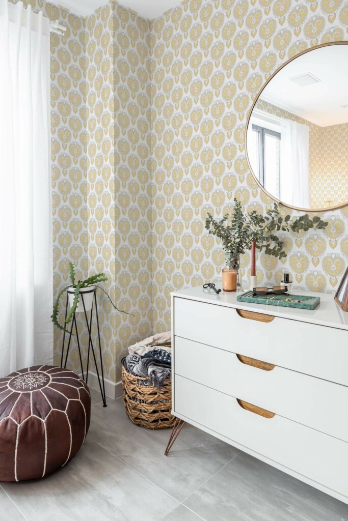 Scandinavian style bedroom decorated with Art deco heart peel and stick wallpaper and Mediterranean accents