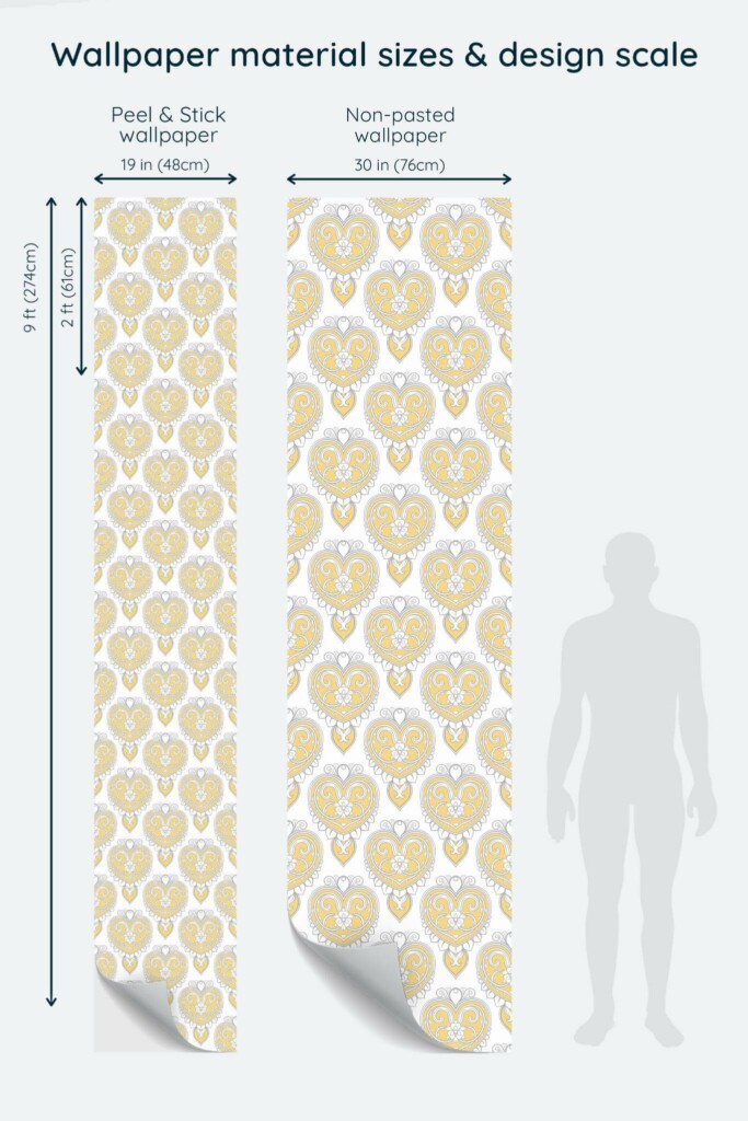 Size comparison of Art Deco heart Peel & Stick and Non-pasted wallpapers with design scale relative to human figure