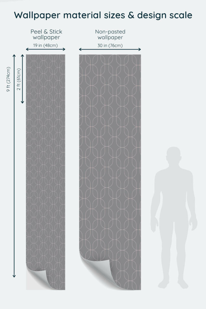 Size comparison of Art Deco palais Peel & Stick and Non-pasted wallpapers with design scale relative to human figure