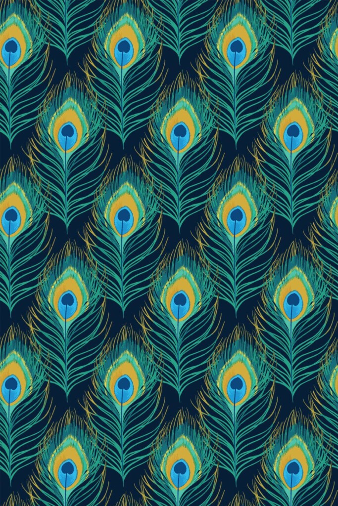 Pattern repeat of Art Deco peacock removable wallpaper design